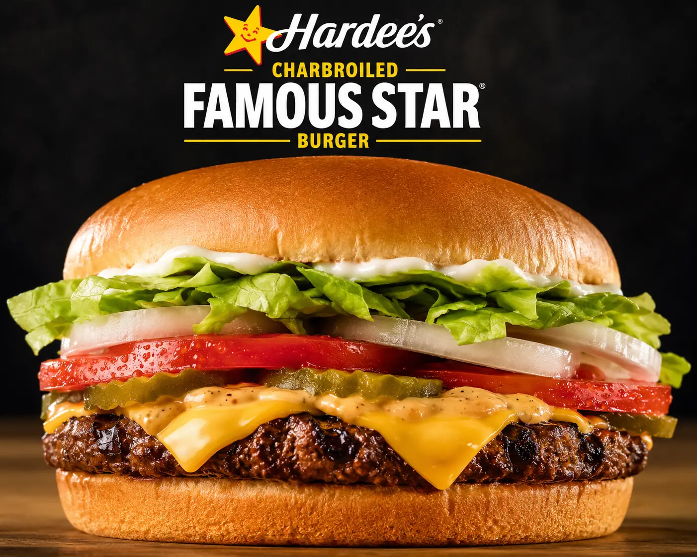 Hardee's charbroiled Famous Star burger with melted cheese, lettuce, and tomato on a toasted bun